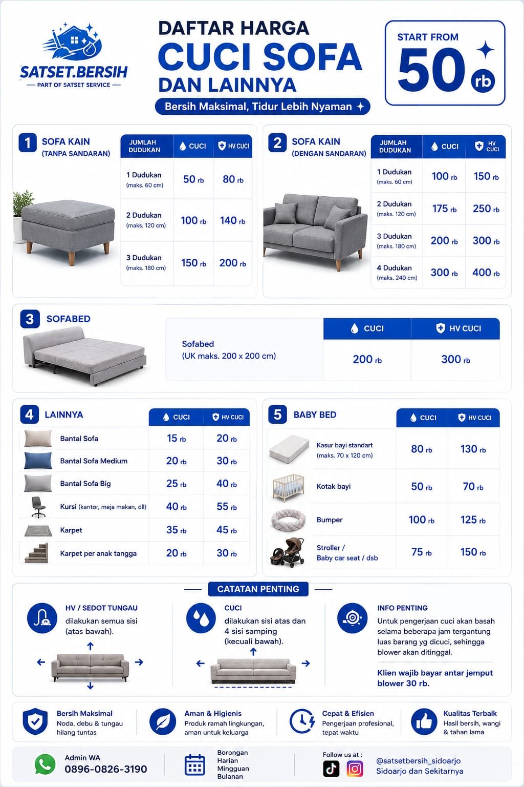 Daftar harga cuci sofa Satset Bersih mulai 50 ribu