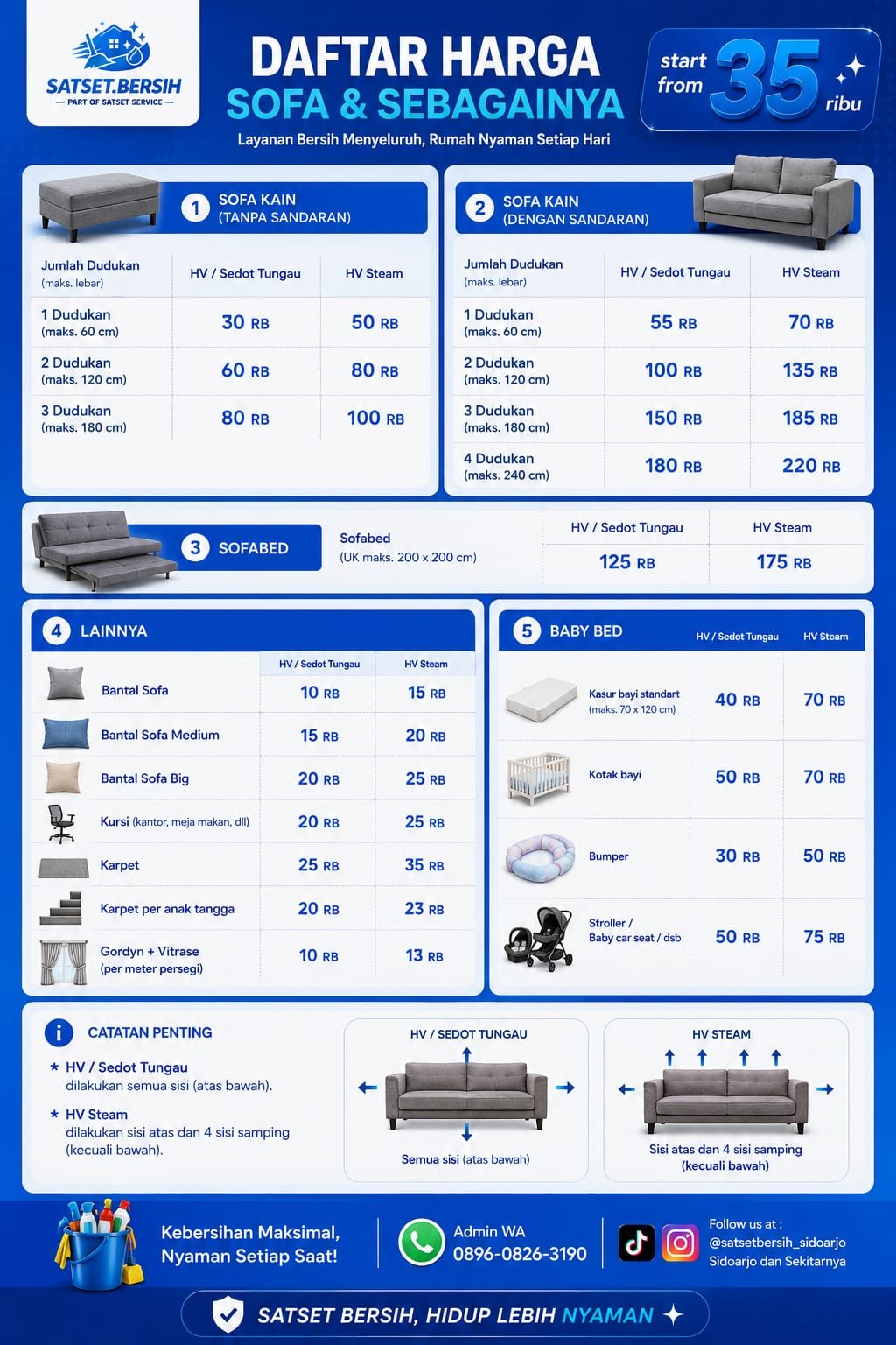 Daftar harga HV Steam sofa dan sejenisnya Satset Bersih