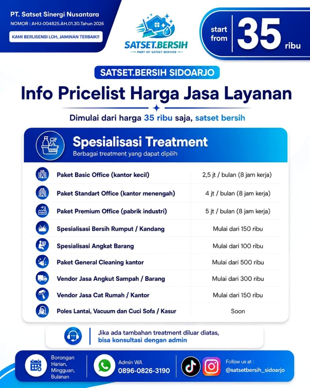 Pricelist Spesialisasi Treatment Satset Bersih Sidoarjo