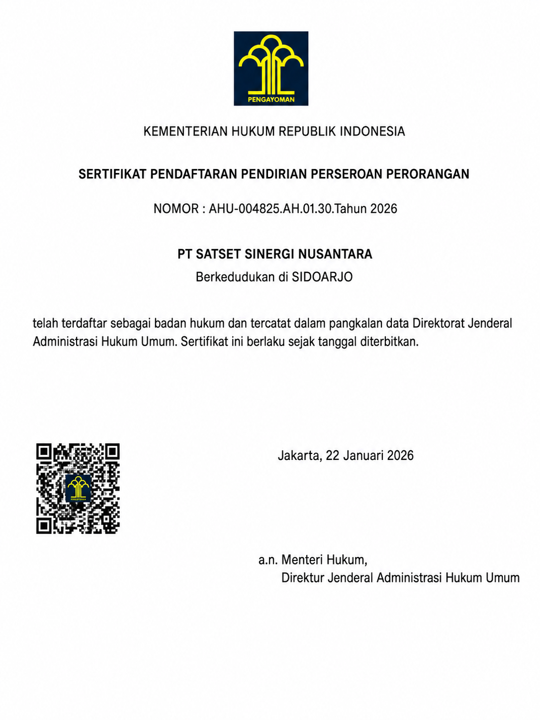 Dokumen legalitas PT Satset Sinergi Nusantara